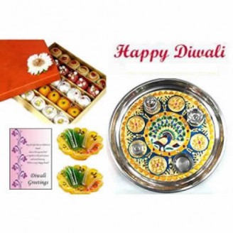 Puja thaali, sweets, greeting card and diya Delivery Jaipur, Rajasthan